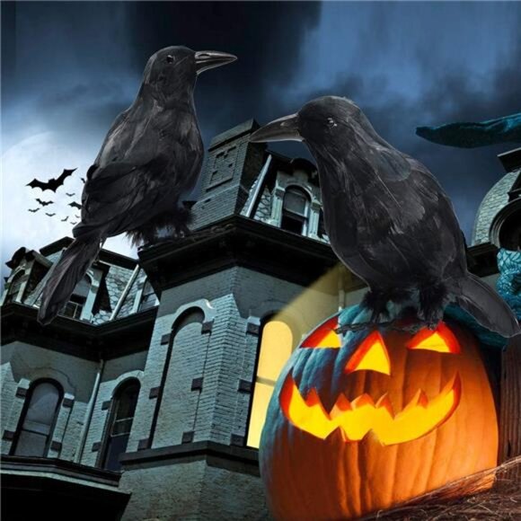 Halloween Decor 2 PCS Realistic Crow Halloween Decor Birds Black Feathered Crows - Picture 6 of 8
